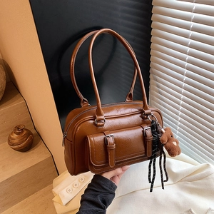 Boston Bag Glossy PU Leather Retro Shoulder Handbag With Plush Bear Pendant Front Pocket Casual Fashion For Women