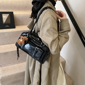Retro black patent leather Boston shoulder bag with cute brown plush bear charm
