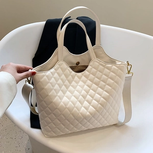 Quilted Rhombic PU Leather Tote Bag Large Capacity Crossbody Shoulder Handbag Adjustable Wide Strap Women Minimalist Daily