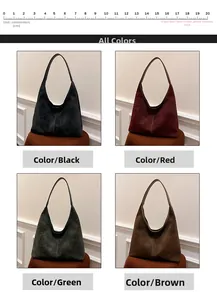 Detail view of large capacity matte leather hobo bags in four retro colors with scale