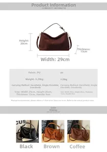 Detailed size and dimension chart for the retro suede hobo bag with color options