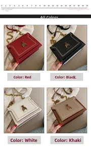 Detail of bee emblem and wave stitching on four colors of flap chain crossbody bags