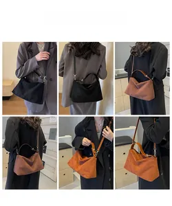 Three vintage faux suede bags in black, orange-brown, and coffee shown on models