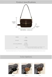 Detailed size specifications and material chart for suede PU vintage saddle bag