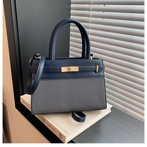 Detail of navy blue leather handbag with gold twist lock resting on art books