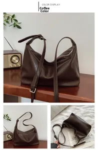 Close-up of vintage brown PU leather shoulder bag with adjustable strap and zipper details