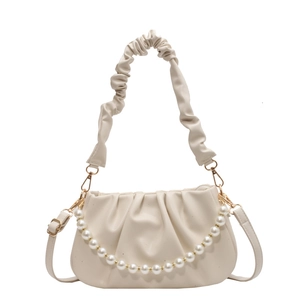 Chic off-white pleated cloud bag with elegant pearl chain and soft handle strap