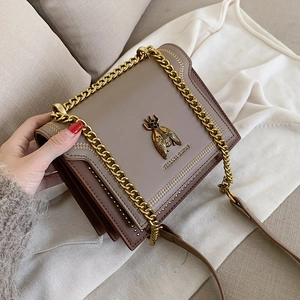 Women Retro Crossbody Bag PU Leather Small Square Shoulder Bag Metal Bee Decoration Rivet Chain Strap Flap Handbag