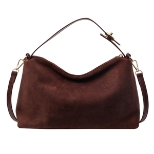 Retro dark brown matte suede underarm bag with gold hardware and shoulder strap