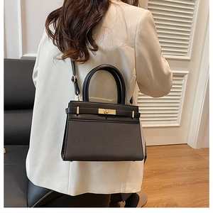 Detail of black crossbody bag featuring gold twist-lock and mixed texture paneling