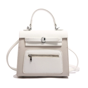 Elegant two-tone beige and brown large satchel bag with pebble leather texture