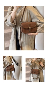 Detailed views of brown suede crossbody bag with vintage buckle and slim strap