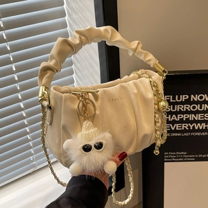 Women Ruched Pleated Shoulder Bag PU Leather Cloud Handbag Trendy Crossbody Purse With Metal Chain And Plush Doll Charm