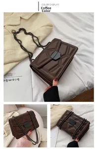 Detail of coffee rhombus pattern shoulder bag with rivets and metal chain strap