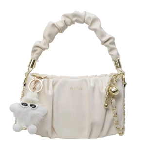 Chic pleated cloud handbag in cream white PU leather with gold chain and plush charm