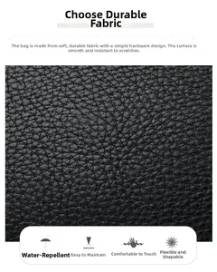 Close-up of black lychee grain leather texture with waterproof and durable features