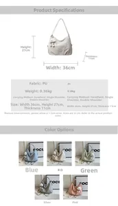 Detailed size chart for large PU tote bag with dimensions 36x27x11cm and 5 color options