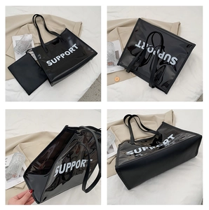 Transparent black PVC tote bag with white SUPPORT text and matching inner pouch