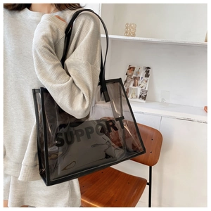 Detail of transparent PVC tote bag with black SUPPORT lettering and reinforced edges
