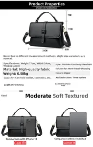 Detailed dimensions of black lychee leather messenger bag with strap and handle size info