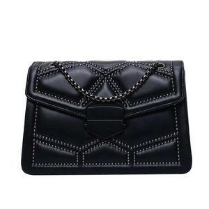 Retro black leather square crossbody bag with metal rivets and chain strap