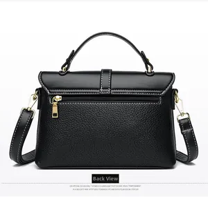 Back view of black lychee texture leather messenger bag with gold hardware and zipper pocket