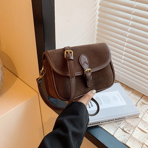 Vintage Women Crossbody Bag Matte Faux Suede Small Square Shoulder Purse With Gold Buckle Retro Simple Daily Handbag