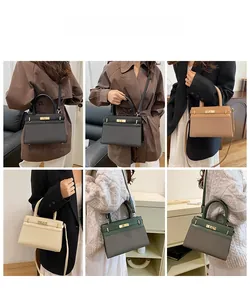 Collage of fashion crossbody bags in black, brown, cream and green with metal turn-lock