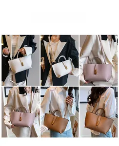 Three colors of faux leather tote bags shown in a multi-angle collage for styling