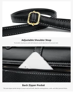 Detail of black pebbled leather messenger bag with adjustable strap and rear zipper pocket