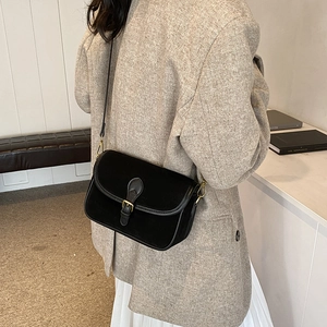 Matte retro square crossbody bag in black with vintage gold buckle and shoulder strap