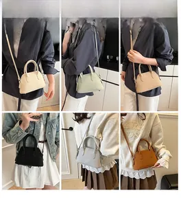 Collage of minimalist shell crossbody bags in six colors shown with model outfits