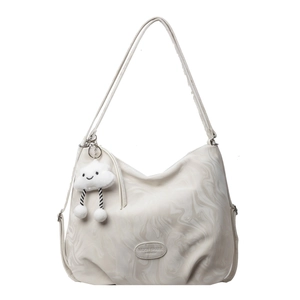 Fashionable Marble Pattern PU Leather Hobo Bag For Women Large Capacity Slouchy Tote With Cute Cloud Plush Pendant
