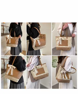 Detail shots of handwoven straw tote bag with leather patch and white lace bow accessory