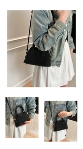 Detailed views of a black litchi pattern shell bag showing hand-carry and crossbody styles