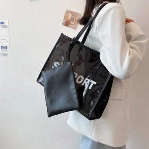 Black transparent PVC tote bag with SPORT lettering and inner pouch for women