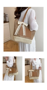 Macro detail of large straw tote bag featuring a lace bow and brown leather shoulder straps