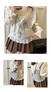 Three-way view of grey litchi grain leather mini bag used as handbag and crossbody