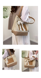 Close-up of handmade woven tote bag with brown leather pocket and white lace bow detail