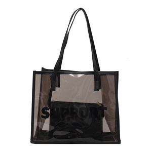 Transparent PVC large capacity tote bag with black faux leather trim and inner pouch