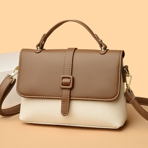 Women Patchwork PU Leather Handbag Contrast Color Messenger Crossbody Square Bag Golden Hardware Elegant