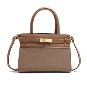 Women Elegant Handbag PU Leather And Fabric Patchwork Crossbody Shoulder Bag With Gold Turn Lock Top Handle Retro Trapezoid