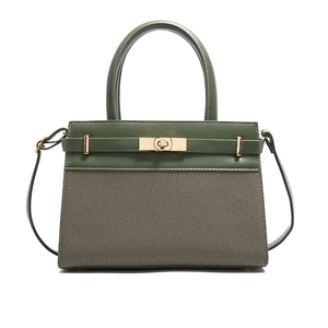 Elegant dark green canvas and leather trapezoid handbag with gold twist lock