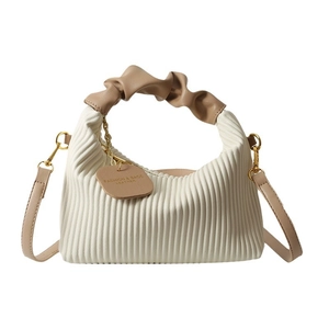 Chic textured vertical stripe white handbag with tan handles and detachable shoulder strap