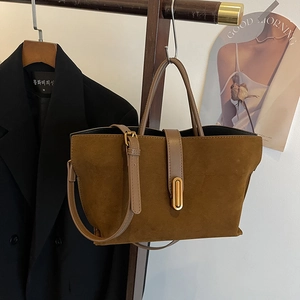 Women Vintage Frosted Suede Texture Tote Bag High Quality Retro Commuter Handbag Elegant Shoulder Crossbody Bag With Gold Buckle