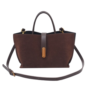 Retro brown suede tote bag with gold oval metal buckle and adjustable shoulder strap