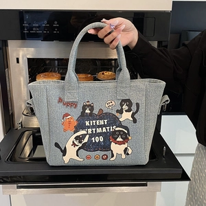 Denim Tote Bag For Women Cartoon Cat Gingerbread Man Print Large Capacity Casual Handbag Crossbody Shoulder Bag