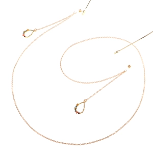 Fashion gold chain glasses holder with colorful rhinestone teardrop pendants on white background