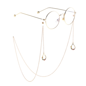 Glasses Chain Metal Gold Tone Anti Slip Holder Strap With Rhinestone Water Drop Pendant Colorful Eyewear Neck Cord
