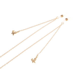 Elegant gold metal eyewear chain with zircon butterfly pendants and non-slip silicone loops